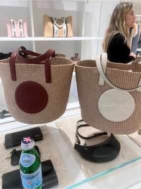Woven Straw Tote with Ivory or Burgundy Leather Trim